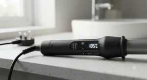 A detailed view of the digital LED temperature control screen on a matte black curling wand, showing precise heat settings.