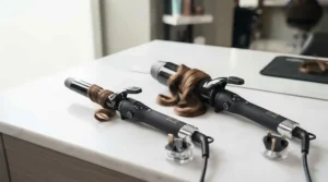 Infographic showing hair sections wrapped around narrow and wide curling tongs to help choose the right barrel size.