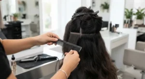 Stylist sectioning thick, heavy hair with clips before using curling tongs to ensure even heat distribution.
