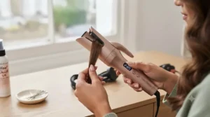 Close-up of a hand effortlessly feeding a hair strand into an automated rotating hair curler.