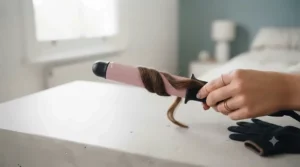 Hairdresser wrapping a section of hair around budget curling tongs to demonstrate how to achieve loose curls.