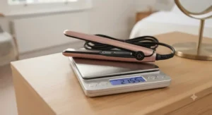 Lightweight mini travel straighteners placed on digital scales to highlight their flight-friendly portability.
