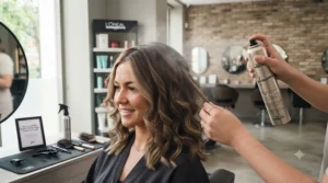 Applying flexible hold hairspray to finished curls to ensure longevity throughout the day.