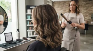 Model with loose, voluminous bouncy blow-dry waves styled with wide barrel curling tongs.