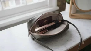 A lightweight mini travel straightener tucked neatly into a small cross-body handbag alongside everyday essentials.