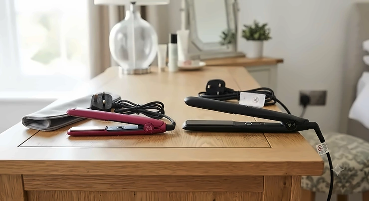 Comparison of a compact mini travel hair straightener next to a traditional full-size styler on a dressing table, highlighting size differences for UK travelers. mini travel straighteners vs full size straighteners