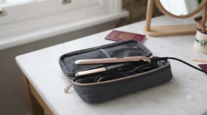 Mini travel straighteners placed neatly inside a matching thermal heat-resistant travel pouch for safe storage.