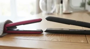 Close-up of ceramic heating plates on a mini travel straightener versus a full-size styling iron.