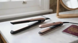 Side-by-side comparison showing a standard hair styler versus a pocket-sized mini travel hair straightener for easy packing.
