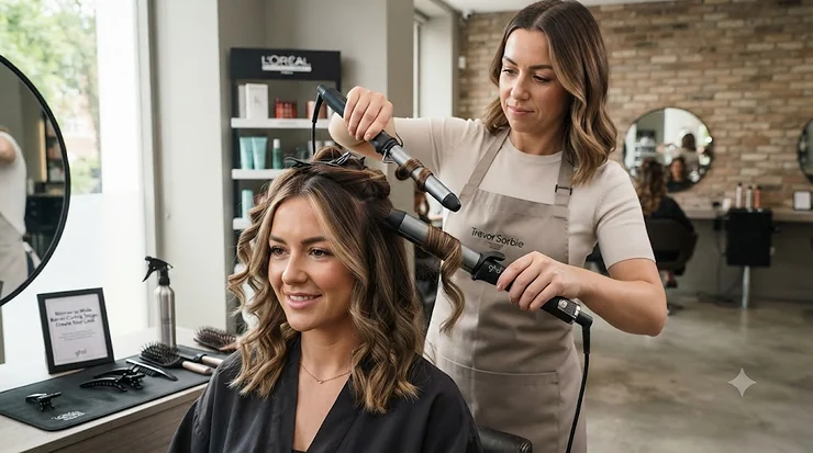 Side-by-side comparison of narrow barrel and wide barrel curling tongs on a marble dressing table, demonstrating different curl sizes for British hair styling. narrow barrel vs wide barrel curling tongs