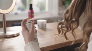 Spritzing flexible hold hairspray from a distance to set newly formed curls without stiffness.