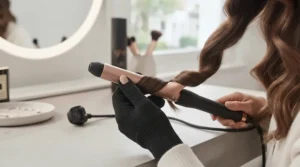 Hand wearing a black heat-resistant styling glove wrapping a section of hair safely around a clipless curling wand.