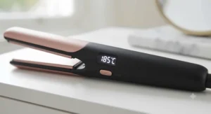 LED heat indicator display on portable mini straighteners showing optimal temperature settings for fine hair.