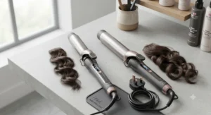 Digital temperature display on a professional hair styling tool set to high heat for styling thick, coarse locks.