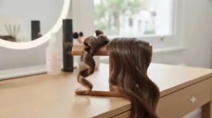 Close-up of freshly styled hair curls comparing the hold and bounce achieved with traditional clamping tongs versus a clipless wand.