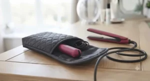 Mini travel straightener resting safely inside its protective heat-resistant storage pouch.