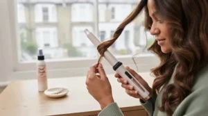 Someone wrapping a section of hair manually around a ceramic barrel curling wand.