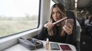 A woman styling her fringe with a cordless mini travel straightener while commuting or travelling by train in the UK.
